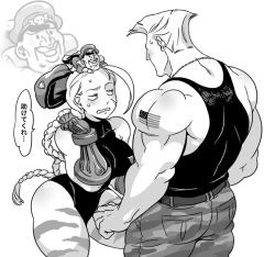 Rule 34 | 1girl, 2boys, american flag, beret, blush, braid, cammy white, doboshiru, greyscale, guile, happy, hat, long hair, m. bison, monochrome, multiple boys, simple background, smile, street fighter, tattoo, twin braids, white background