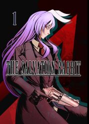 Rule 34 | 1girl, absurdres, animal ears, black gloves, coat, collared shirt, cover, cover page, cropped legs, english text, formal, gloves, gun, handgun, highres, jacket, light purple hair, long hair, long sleeves, looking at viewer, looking to the side, necktie, overcoat, purple hair, rabbit ears, reaching, red background, red eyes, red necktie, reisen udongein inaba, revolver, shirt, solo, splatter, splatter background, suit, suit jacket, title, touhou, trigger discipline, weapon, weedhollow (dokuran)