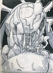 Rule 34 | 1girl, 2017, black background, breasts, cum, cum in mouth, double (skullgirls), extra eyes, facial, highres, large breasts, long tongue, marker (medium), monochrome, monster, monster girl, mr.way, nipples, open mouth, portrait, skullgirls, solo, tongue, tongue out, traditional media