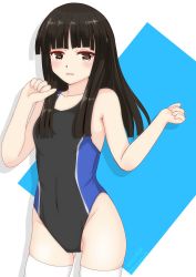 Rule 34 | 1girl, absurdres, black hair, black one-piece swimsuit, blue background, blunt bangs, brown eyes, commentary request, competition swimsuit, cowboy shot, hatsuyuki (kancolle), highres, kantai collection, long hair, looking at viewer, nitamako (sakamalh), one-hour drawing challenge, one-piece swimsuit, solo, swimsuit, thighhighs, two-tone background, two-tone swimsuit, white background, white thighhighs