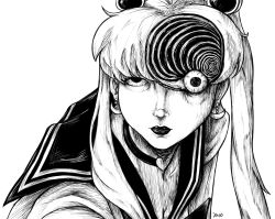 Rule 34 | 1girl, bishoujo senshi sailor moon, bloodshot eyes, breasts, choker, cleavage, closed mouth, commentary, crescent, crescent earrings, derivative work, earrings, english commentary, greyscale, hair ornament, heart, heart choker, highres, horror (theme), itou junji (style), jewelry, junji ito (series), lanxe, looking at viewer, meme, monochrome, parody, sailor moon, sailor moon redraw challenge (meme), school uniform, screenshot redraw, serafuku, signature, simple background, solo, spiral, style parody, tsukino usagi, twintails, uzumaki, white background