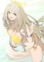 Rule 34 | 1girl, bikini, blue archive, breasts, cleavage, green eyes, halo, halterneck, highres, large breasts, light brown hair, long hair, looking at viewer, momiji oroshi, nonomi (blue archive), nonomi (swimsuit) (blue archive), official alternate costume, open mouth, side-tie bikini bottom, solo, string bikini, swimsuit, water, wet, wristband, yellow bikini