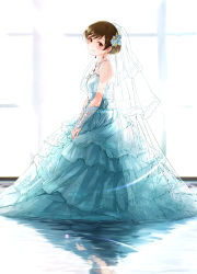 Rule 34 | 1girl, blue flower, blush, breasts, brown hair, closed mouth, dress, elbow gloves, flower, gloves, green dress, gustav (telomere na), hair flower, hair ornament, idolmaster, idolmaster cinderella girls, lace, lace-trimmed gloves, lace trim, looking at viewer, nitta minami, reflection, short hair, smile, solo