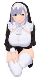 Rule 34 | 1girl, absurdres, amane a (007 uiro), bad id, bad pixiv id, black footwear, blush, breasts, cross, cross necklace, frills, green eyes, grin, highres, jewelry, kneeling, long hair, looking at viewer, necklace, nun, on one knee, original, purple hair, simple background, smile, solo, thighhighs, veil, white background, white thighhighs