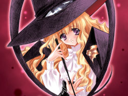 Rule 34 | 00s, 1girl, blonde hair, carnelian, hat, highres, lilith (yamibou), long hair, looking at viewer, purple eyes, smile, solo, wallpaper, witch hat, yami to boushi to hon no tabibito