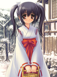Rule 34 | 1girl, black hair, brown eyes, bucket, child, day, hakama, hakama skirt, japanese clothes, looking at viewer, miko, norita, outdoors, red eyes, red hakama, skirt, snow, snowman, solo, standing, tree, twintails