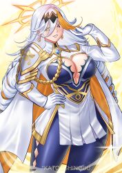 1girl absurdres arm_up armor artist_name baldr_(fire_emblem) blue_thighhighs breasts cape cleavage earrings fire_emblem fire_emblem_heroes gloves grin halo hand_on_own_hip heterochromia highres jewelry katou_shinobu large_breasts long_hair nintendo orange_cape pauldrons shoulder_armor single_pauldron smile solo thighhighs two-tone_cape white_cape white_gloves white_hair