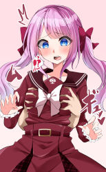 Rule 34 | !?, 1girl, ^^^, absurdres, assault lily, belt, belt buckle, blue eyes, blush, bow, grabbing another&#039;s breast, breasts, brown sailor collar, buckle, collarbone, commentary request, cowboy shot, deep skin, disembodied hand, frilled sleeves, frills, grabbing, grabbing from behind, gradient background, hair bow, hands up, heart, high-waist skirt, highres, juliet sleeves, kanba girls high school uniform, long hair, long sleeves, looking at viewer, medium breasts, open mouth, pink background, pink hair, plaid, plaid skirt, puffy sleeves, raised eyebrows, red belt, red bow, red shirt, red skirt, sadamori himeka, sailor collar, school uniform, serafuku, shirt, sidelocks, skirt, solo focus, speech bubble, spoken blush, spoken interrobang, standing, swept bangs, teeth, translated, twintails, upper teeth only, ya-man