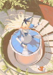 Rule 34 | 1girl, alice (alice in wonderland), alice in wonderland, black hairband, blonde hair, blue dress, blue hairband, blue ribbon, closed mouth, commentary request, dress, floating hair, frilled dress, frills, hair between eyes, hairband, highres, long hair, pinafore dress, plant, puffy short sleeves, puffy sleeves, ribbon, short sleeves, sleeveless dress, solo focus, stairs, sunlight, wakuseiy, white rabbit (alice in wonderland), wrist cuffs, yellow eyes