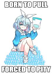 Rule 34 | 1girl, :3, absurdres, arona (blue archive), blue archive, blue eyes, blue hair, blue pupils, blue shirt, born to x forced to y (meme), bow, bow hairband, braid, closed mouth, colored inner hair, commentary, crossed legs, english commentary, envelope, full body, hair ribbon, hairband, highres, holding, holding envelope, image macro (meme), impact (font), light blue hair, littlepengo, long sleeves, meme, miniskirt, multicolored hair, pink hair, puffy long sleeves, puffy sleeves, pyroxene (blue archive), ribbon, sailor collar, school uniform, serafuku, shirt, shirt bow, shoes, side braid, simple background, single braid, sitting, skirt, sneakers, solo, split mouth, transparent background, two-tone hair, white bow, white footwear, white hairband, white ribbon, white sailor collar, white skirt