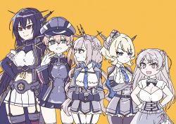 Rule 34 | 5girls, anchor hair ornament, black coat, black gloves, black hair, black pantyhose, black thighhighs, blonde hair, blue necktie, breasts, brown eyes, capelet, coat, colorado (kancolle), commentary request, conte di cavour (kancolle), conte di cavour nuovo (kancolle), corset, cowboy shot, detached collar, dress, dress shirt, elbow gloves, fingerless gloves, garrison cap, garter straps, gloves, grey capelet, grey dress, grey eyes, grey hair, grey headwear, grey skirt, hair ornament, hat, headgear, height difference, highres, kantai collection, kikumon, large breasts, long hair, low twintails, maryland (kancolle), microskirt, military, military uniform, mini person, minigirl, multiple girls, nagato (kancolle), nagato kai ni (kancolle), nami nami (belphegor-5812), necktie, pantyhose, pleated dress, pleated skirt, prinz eugen (kancolle), shirt, short hair, skirt, standing, thigh gap, thighhighs, twintails, two side up, uniform, white dress, white shirt, white skirt, yellow background