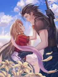 Rule 34 | 1boy, 1girl, aerith gainsborough, armor, bangle, black gloves, black hair, blue eyes, blue sky, bracelet, brown hair, buster sword, cloud, cloudy sky, commentary, couple, cowboy shot, crisis core final fantasy vii, dress, earrings, english commentary, falling petals, final fantasy, final fantasy vii, final fantasy vii rebirth, final fantasy vii remake, flower, from side, gloves, green eyes, hair slicked back, hand on another&#039;s face, height difference, highres, jacket, jewelry, long hair, looking at another, parted lips, petals, pink dress, pink ribbon, red jacket, ribbon, short sleeves, shoulder armor, sky, sleeveless, sleeveless turtleneck, spiked hair, stud earrings, sweater, sylvthea, tears, turtleneck, turtleneck sweater, yellow flower, zack fair