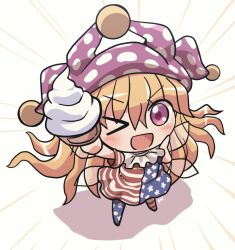 Rule 34 | 1girl, american flag dress, american flag legwear, arm up, artist name, blue dress, blue pants, blush, chibi, clownpiece, dress, food, hair between eyes, hand on own face, hands up, hat, ice cream, jester cap, looking at viewer, looking up, multicolored clothes, multicolored dress, multicolored pants, no shoes, one eye closed, open mouth, pants, polka dot, purple hat, red dress, red pants, rokugou daisuke, shadow, short sleeves, smile, solo, standing, star (symbol), star print, striped clothes, striped dress, striped pants, touhou, white dress, white pants