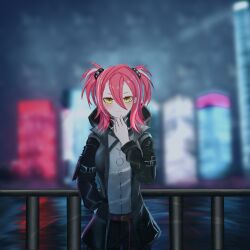Rule 34 | 1girl, belt, blurry, blurry background, coat, highres, hololive, hololive china, railing, red hair, trench coat, twintails, virtual youtuber, water, yogiri (hololive)