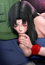 Rule 34 | 1boy, 1girl, black hair, blush, breasts, cleavage, clothed male nude female, closed eyes, eyeshadow, fellatio, fingernails, highres, huge breasts, large breasts, large penis, long hair, makeup, nail polish, naruto, naruto (series), naruto shippuuden, nude, oral, penis, penis grab, red nails, saliva, scarlett ann, source request, testicles, uncensored, yuuhi kurenai