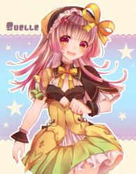 Rule 34 | 1girl, :d, atelier (series), atelier lydie &amp; suelle, blush, bow, character name, clenched hand, head tilt, high-waist skirt, long hair, looking at viewer, necota116, open mouth, outline, pink eyes, pink hair, skirt, smile, solo, star (symbol), suelle marlen, white outline, wrist cuffs, yellow bow