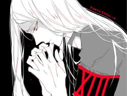 Rule 34 | 1boy, abara hanbee, armband, awara kayu, black armband, black background, closed mouth, commentary request, copyright name, from side, grey shirt, half-closed eye, long hair, pale skin, profile, red armband, shirt, solo, tokyo ghoul, tokyo ghoul:re, upper body