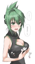 Rule 34 | 1girl, black dress, blush, breast lift, breasts, china dress, chinese clothes, dress, elf (stroll in the woods), green eyes, green hair, highres, large breasts, looking at viewer, open mouth, shaman king, short hair, simple background, smile, solo, tao jun, translation request, white background