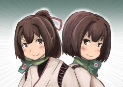 Rule 34 | arms at sides, back-to-back, brown eyes, brown hair, commentary, emphasis lines, gradient background, gyorui (amezari), hair between eyes, hair ribbon, hyuuga (kancolle), ise (kancolle), kantai collection, looking at viewer, nontraditional miko, parody, ponytail, red ribbon, ribbon, short hair, smile, undershirt, upper body