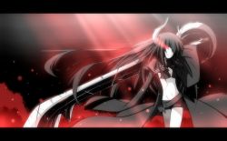 Rule 34 | 10s, 1girl, bikini, black gold saw, black hair, black rock shooter, coat, female focus, glowing, glowing eyes, gradient background, highres, horns, huge weapon, king saw, letterboxed, long hair, monochrome, navel, pale skin, red eyes, shorts, solo, swimsuit, sword, tan (carbon), weapon