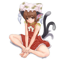 Rule 34 | 1girl, animal ears, barefoot, borrowed clothes, brown eyes, brown hair, butterfly sitting, cat ears, cat girl, cat tail, chen, china dress, chinese clothes, cosplay, crossed legs, double tails, dress, earrings, feet, female focus, fingernails, full body, hands on feet, headwear switch, highres, indian style, jewelry, kuro suto sukii, long fingernails, multiple tails, nail polish, red nails, short hair, simple background, sitting, solo, tail, touhou, white background, yakumo ran, yakumo ran (cosplay)