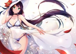 Rule 34 | 10s, 1girl, anti (0324), bare shoulders, bikini, bikini under clothes, bow, breasts, choker, cleavage, collarbone, dress, flower, green eyes, hand on headwear, hat, hat flower, hat ribbon, hibiscus, highres, large breasts, light particles, long hair, looking at viewer, love live!, love live! school idol festival, love live! school idol project, navel, parted lips, petals, purple bikini, purple hair, ribbon, see-through, side-tie bikini bottom, sleeveless, sleeveless dress, smile, solo, sun hat, swimsuit, swimsuit under clothes, thigh gap, tojo nozomi, twintails, very long hair, white dress