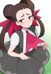 Rule 34 | 1girl, afrobull, blush, breasts, brown hair, creatures (company), dress, game freak, hair pulled back, highres, long hair, looking at viewer, medium breasts, nintendo, nipple slip, nipples, open mouth, pokemon, pokemon oras, red eyes, roxanne (pokemon), shirt, solo, twintails, undressing