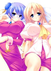 Rule 34 | 2girls, :o, absurdres, ascot, blonde hair, blue eyes, blue hair, blush, breasts, brooch, bun cover, china dress, chinese clothes, clenched hand, clothing cutout, cowboy shot, double bun, dress, drill hair, female focus, feng shuilan, fou suiran, from above, glasses, groin, hair between eyes, hair bun, hair ribbon, highres, impossible clothes, jewelry, ladies versus butlers!, large breasts, long hair, long sleeves, looking at viewer, lying, multiple girls, munyuu, navel, navel cutout, official art, on back, open mouth, parted bangs, pencil skirt, puffy sleeves, raised eyebrows, ribbon, rimless eyewear, scan, sernia iori flameheart, short hair, short sleeves, side-by-side, side slit, simple background, skirt, sleeve cuffs, very long hair, white background