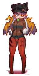 Rule 34 | 1girl, :&lt;, artist request, blue eyes, bodysuit, closed mouth, evangelion: 3.0 you can (not) redo, expressionless, eyepatch, hair between eyes, hands in pockets, hat, highres, jacket, long hair, long sleeves, neon genesis evangelion, orange hair, pilot suit, plugsuit, rebuild of evangelion, red bodysuit, shiny clothes, shiny skin, simple background, solo, souryuu asuka langley, tsundere, very long hair, white background