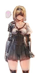 Rule 34 | 1girl, ?, arms at sides, black dress, blindfold, blonde hair, bow (bhp), breasts, cleavage, cosplay, djeeta (granblue fantasy), dress, fighter (granblue fantasy), granblue fantasy, highleg, highleg panties, micro panties, nier (series), nier:automata, panties, see-through, side-tie panties, skirt, skirt tug, solo, spoken question mark, sweatdrop, thighhighs, thighs, underwear, white background, 2b (nier:automata), 2b (nier:automata) (cosplay)