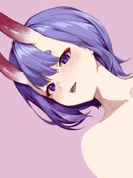 Rule 34 | 1girl, fang, fate/grand order, fate (series), highres, horns, looking at viewer, makeup, nude, oni, parted lips, portrait, purple background, purple eyes, purple hair, short hair, shuten douji (fate), simple background, skin-covered horns, solo, taino kou, tongue, tongue out