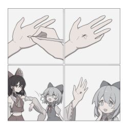Rule 34 | 2girls, 4koma, \||/, blue eyes, blue hair, breasts, brown eyes, brown hair, bug, cirno, comic, drawing on own hand, eye contact, flat chest, hakurei reimu, hand on own face, hand up, highres, holding, holding pen, insect, looking at another, midriff, mosquito, multiple girls, pen, rcs 4, short hair, silent comic, slapping, small breasts, touhou, wide sleeves