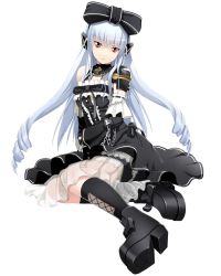 Rule 34 | 1girl, bow, chain, cosmic break, cross, detached sleeves, dress, drill hair, full body, gothic lolita, hair bow, hair ornament, highres, ivis, lolita fashion, long hair, mecha musume, official art, platform footwear, red eyes, ribbon, silver hair, sitting, solo, transparent background, wakaba sprout