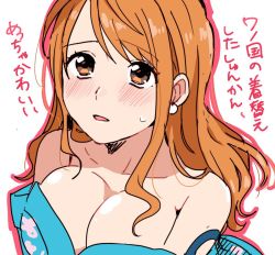 Rule 34 | 1girl, bare shoulders, blue kimono, blush, breasts, chiya op, cleavage, collarbone, earrings, japanese clothes, jewelry, kimono, large breasts, long hair, looking up, nami (one piece), off shoulder, one piece, open mouth, orange eyes, orange hair, pearl earrings, shoulder tattoo, simple background, solo, sweat, tattoo, text focus, translation request, upper body, white background