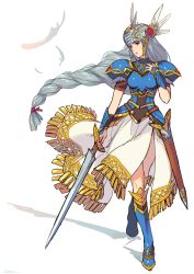 Rule 34 | 1girl, armor, blue eyes, blue footwear, boots, braid, brooch, crossed legs, floating hair, grey hair, hand on own chest, highres, holding, holding sword, holding weapon, jewelry, knee boots, kotatsu (g-rough), lenneth valkyrie, long hair, parted lips, pauldrons, scabbard, sheath, shoulder armor, simple background, skirt, solo, standing, sword, unsheathed, valkyrie profile (series), very long hair, visor (armor), watson cross, weapon, white background, white skirt
