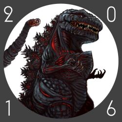 chibi claws dinosaur ears fangs giant giant_monster glowing godzilla godzilla_(series) kaiju looking_at_viewer looking_down monster no_humans open_mouth sharp_teeth shin_godzilla spikes suttoko tail tail_head teeth toho