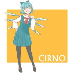 Rule 34 | 1girl, adapted costume, alternate costume, black pantyhose, blue eyes, blue hair, character name, cirno, ice, ice wings, onikobe rin, orange background, pantyhose, school uniform, short hair, simple background, solo, touhou, wings