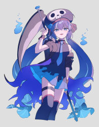 Rule 34 | 1girl, ahoge, black dress, black jacket, black thighhighs, blue eyes, blue fire, blue flower, blue gemstone, blue hair, blue necktie, blue rose, blue theme, bow, braid, collared dress, cropped legs, dress, fang, fire, flat chest, floating clothes, flower, gem, gradient hair, grey background, hair bow, hair flower, hair ornament, hand up, hat, highres, holding, holding scythe, holding weapon, jacket, long hair, long sleeves, low-braided long hair, low-tied long hair, multicolored hair, necktie, off shoulder, otomachi una, parted lips, print dress, print headwear, purple hair, rose, scythe, short dress, sidelocks, sitting, skull print, sleeveless, sleeveless dress, solo, suiso sn3, symbol in eye, thigh strap, thighhighs, twin braids, twintails, two-sided fabric, two-tone hair, very long hair, vocaloid, weapon