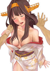 Rule 34 | 10s, 1girl, absurdres, ahoge, alternate costume, baffu, bare shoulders, blush, breasts, brown hair, cleavage, closed eyes, collarbone, hair bun, hair intakes, hairband, hand on another&#039;s arm, headgear, highres, japanese clothes, kantai collection, kimono, kongou (kancolle), long hair, obi, open clothes, open mouth, sash, side slit, sidelocks, single hair bun, solo focus, sweat