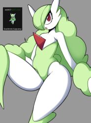 Rule 34 | 1girl, chestnut mouth, colored skin, creatures (company), female focus, flat chest, fusion, game freak, gardevoir, gen 3 pokemon, gen 4 pokemon, green hair, green leotard, grey background, hair over one eye, highres, leg up, leotard, long hair, looking at viewer, lopunny, nintendo, open mouth, pokemon, rabbit tail, red eyes, reference inset, saltyxodium, simple background, solo, tail, teeth, thick thighs, thighs, upper teeth only, white skin, wide hips