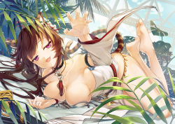 Rule 34 | 1girl, absurdres, animal ears, bare shoulders, barefoot, black choker, breasts, brown hair, choker, cleavage, clip studio paint (medium), collarbone, detached sleeves, fangs, fingernails, hair ornament, highres, jh, large breasts, long hair, looking at viewer, lying, on stomach, open mouth, original, pink eyes, smile, soles, solo, tail, thighs, tiger ears, tiger tail, wide sleeves