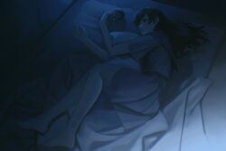 Rule 34 | 1girl, absurdres, barefoot, blue skirt, character doll, dark, doll, futon, hair down, highres, holding, holding doll, knees up, long hair, lying, maple linf, neon genesis evangelion, night, on bed, on side, pillow, procreate (medium), school uniform, shirt, short sleeves, skirt, solo, souryuu asuka langley, tokyo-3 middle school uniform, white shirt