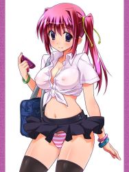 Rule 34 | 1girl, blush, bracelet, breasts, cellphone, cleavage, covered erect nipples, front-tie top, jewelry, large breasts, legs, long hair, midriff, miniskirt, navel, no bra, panties, pantyshot, phone, pink hair, school uniform, see-through, shiny skin, shirt, side ponytail, simple background, skirt, smile, solo, striped clothes, striped panties, thighhighs, thighs, tied shirt, underwear, upskirt