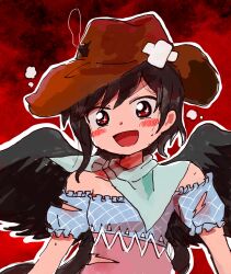 Rule 34 | 1girl, :d, bandana, black hair, black wings, blue dress, brown hat, bullet hole, commentary request, cowboy hat, dress, hat, highres, kurokoma saki, open mouth, pink dress, puffy short sleeves, puffy sleeves, red background, red eyes, rome35793562, short sleeves, smile, solo, torn clothes, torn dress, touhou, white bandana, wings