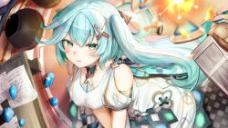 Rule 34 | 1girl, absurdres, aqua eyes, aqua hair, bare shoulders, commentary request, dress, faruzan (genshin impact), genshin impact, hair ornament, highres, indoors, long hair, looking at viewer, parted lips, short sleeves, smile, solo, tobikaze89, twintails, white dress, x hair ornament