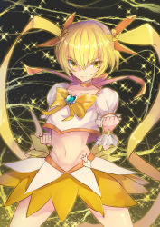 Rule 34 | 1girl, blonde hair, brooch, choker, clenched hands, commentary request, cure sunshine, hair ribbon, heart, heart brooch, heartcatch precure!, highres, jewelry, long hair, looking at viewer, magical girl, midriff, myoudouin itsuki, navel, orange choker, orange ribbon, precure, ribbon, shinonome tsukasa, sketch, skirt, solo, standing, twintails, very long hair, yellow eyes, yellow ribbon, yellow skirt