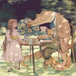 Rule 34 | 1girl, ascot, black footwear, blue ascot, book, bouquet, brown hair, brown jacket, chair, child, claws, collar, crocodilian, crocodilian tail, crossed legs, cup, dress, flower, food, formal, frilled collar, frilled dress, frills, fruit, full body, green eyes, green pants, green vest, highres, holding, holding cup, holding food, jacket, lemon, long dress, long hair, long sleeves, looking at another, mary janes, original, outdoors, pants, sharp teeth, shirt, shoes, sitting, slit pupils, standing, suit, suit jacket, table, tail, teacup, teeth, tono (rt0no), tree, vase, vest, white dress, white shirt