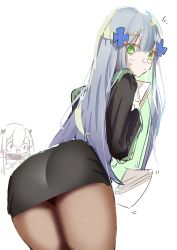 Rule 34 | 1girl, absurdres, ass, black jacket, black panties, black skirt, character request, chibi, chibi inset, closed mouth, colored inner hair, e sky rugo, from behind, girls&#039; frontline, green eyes, green hair, grey hair, hair ornament, highres, holding, holding paper, jacket, long hair, long sleeves, looking at viewer, looking back, miniskirt, multicolored hair, panties, pantyhose, pantyshot, paper, simple background, skirt, solo, sweatdrop, two-tone hair, underwear, white background