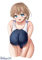 Rule 34 | 1girl, bare arms, bare shoulders, bent over, blue eyes, blue one-piece swimsuit, blush, breasts, brown hair, character request, collarbone, competition swimsuit, ebifurya, highres, intrepid (kancolle), kantai collection, large breasts, long hair, looking at viewer, one-piece swimsuit, open mouth, simple background, smile, solo, swimsuit, thighs, translation request, white background