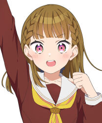 Rule 34 | 1girl, arm up, blunt bangs, blush, brown dress, brown hair, clenched hand, collarbone, commentary, dress, hasu no sora school uniform, highres, jenny (je2live), kachimachi kosuzu, link! like! love live!, long sleeves, looking at viewer, love live!, medium hair, neckerchief, open mouth, pink eyes, sailor collar, school uniform, solo, teeth, upper body, upper teeth only, v-shaped eyebrows, virtual youtuber, white background, white sailor collar, winter uniform, yellow neckerchief